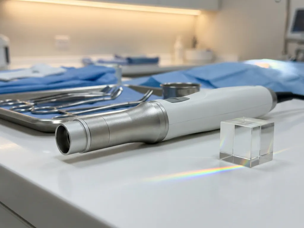 Medisch CO2-laser handstuk op wit klinisch oppervlak met lichtbreking door glazen prisma en chirurgische instrumenten op achtergrond.