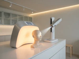 Twee medische huidbehandelingsapparaten in een klinische ruimte, één met breed warm licht en één met gerichte bundel op een keramisch huidmodel.