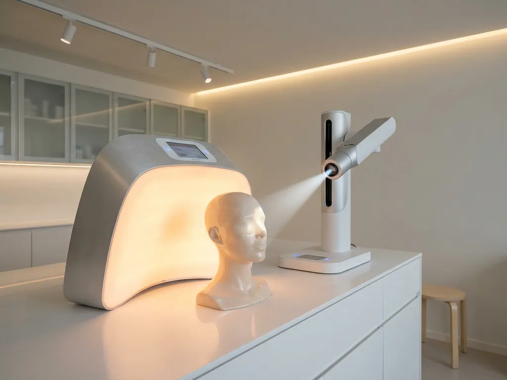 Twee medische huidbehandelingsapparaten in een klinische ruimte, één met breed warm licht en één met gerichte bundel op een keramisch huidmodel.