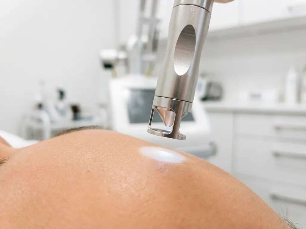 CO2-laser handstuk boven gezichtshuid tijdens cosmetische laserbehandeling in klinische omgeving.