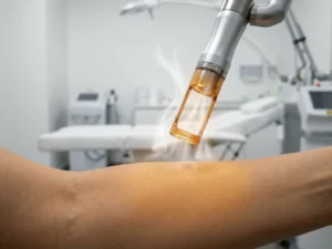 CO2-laser handstuk boven een gladde huid tijdens een cosmetische laserbehandeling in een klinische omgeving.