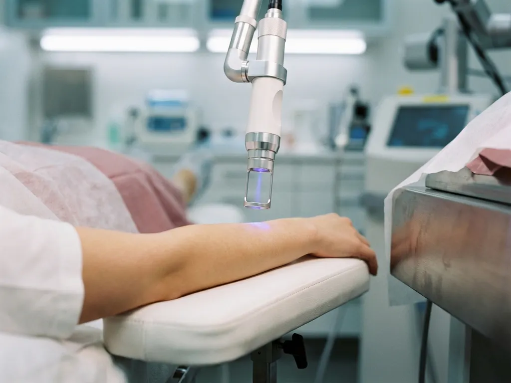 CO2 laser handstuk boven een gladde huid tijdens cosmetische laserbehandeling in een klinische omgeving.