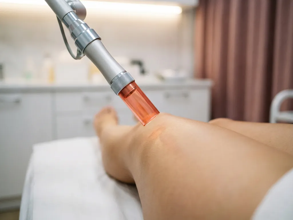 CO2 laser handpiece gericht op een gladde huid tijdens een cosmetische laserbehandeling in een steriele kliniek.