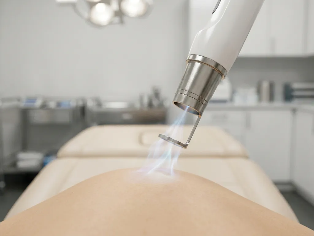 CO2-laser handstuk boven gezonde huid tijdens cosmetische laserbehandeling in steriele klinische omgeving.