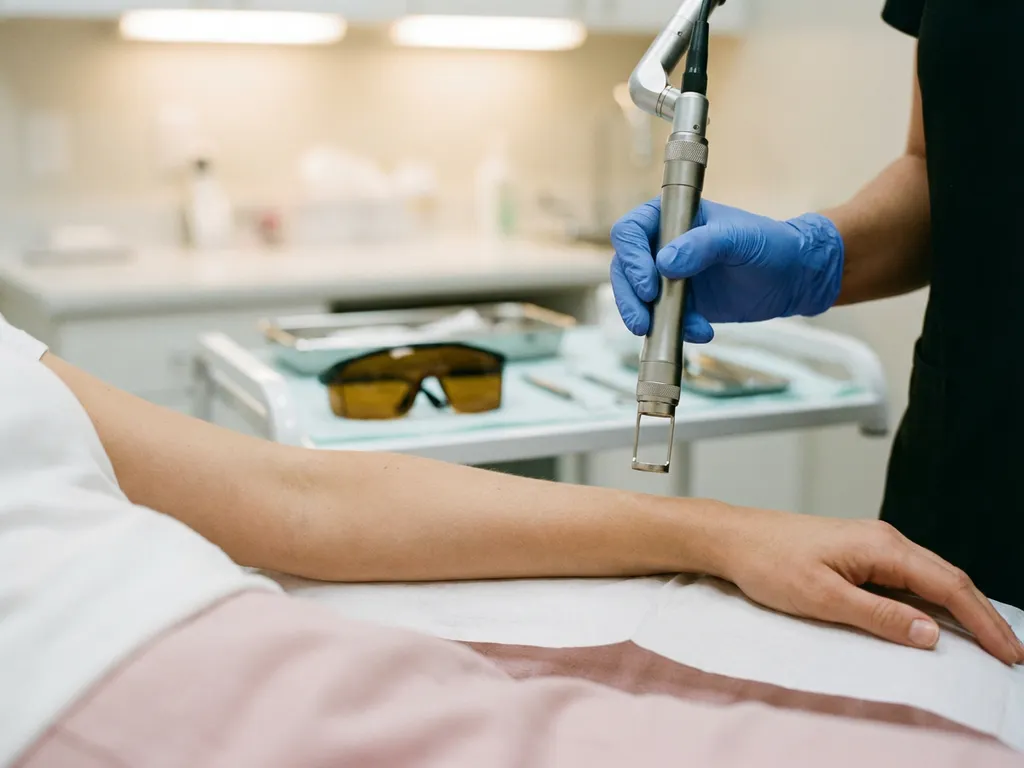 Handgeschoende clinicus positioneert CO2-laserhandstuk boven gezonde huid tijdens cosmetische laserbehandeling.