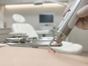 CO2 laser handstuk gericht op een lichte huid tijdens een cosmetische laserbehandeling in een klinische omgeving.