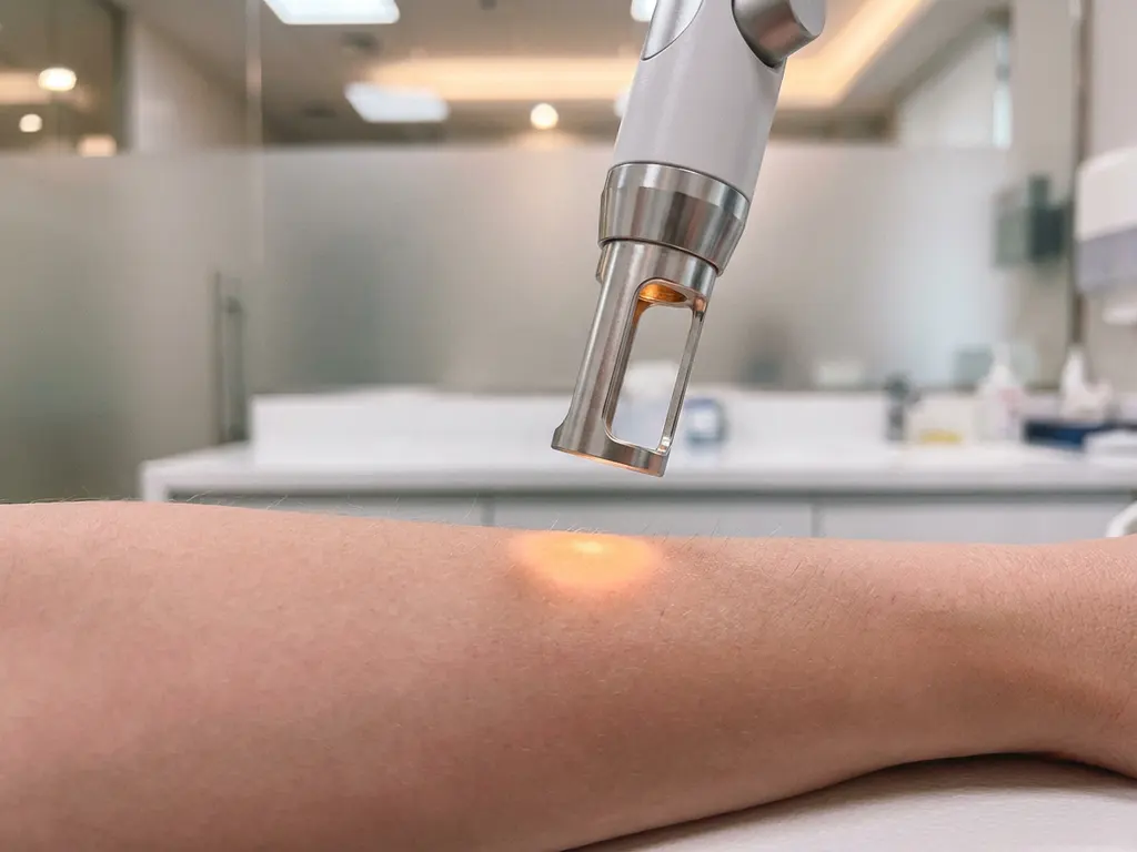 CO2-laserhandstuk boven een onderarm tijdens een huidbehandeling in een witte klinische omgeving.