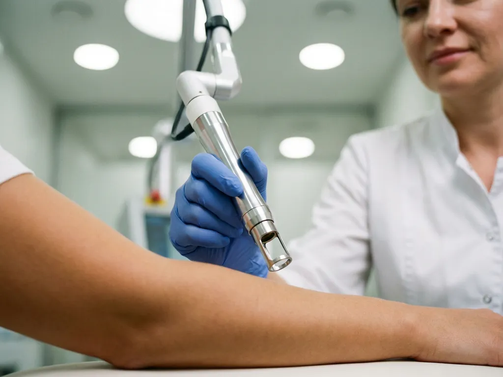 Medisch professional met handschoenen die CO2-laser handstuk boven onderarm positioneert tijdens huidbehandeling in klinische omgeving.