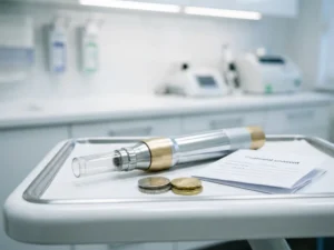CO2-laserhandstuk op klinische witte dienblad naast euromuten en behandelingstoestemmingsformulier, steriele omgeving.