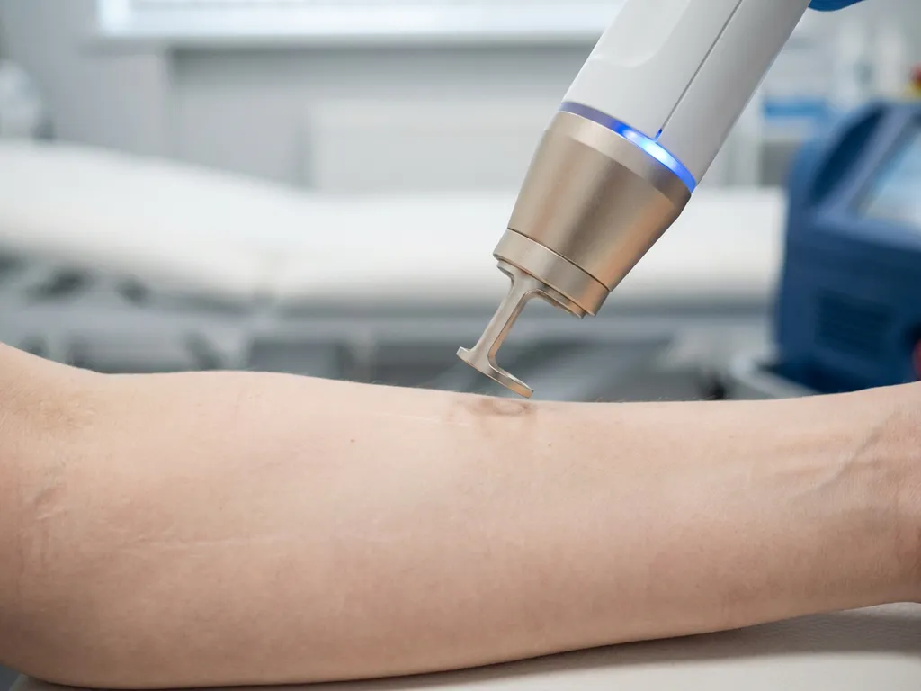 CO2 laser handstuk boven gladde huid met subtiel littekenherstel, klinische behandeltafel, scherpe focus op de lasertip.