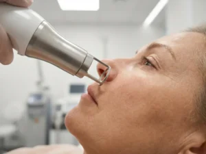 CO2 laser handstuk gericht op rijpe vrouwelijke huid bij de jukbeenderen tijdens een laserbehandeling in een esthetische kliniek.