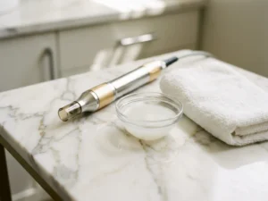 CO2 laser handstuk naast een glazen schaaltje met chemische peeling oplossing op een marmeren klinische ondergrond.