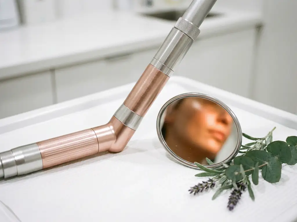 CO2 laser handstuk op wit oppervlak naast spiegel met stralende huid en groene botanische takjes, rose-gouden accenten.