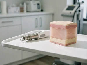 CO2-laserhandstuk op witte klinische tray naast een vergroot huidlagenmodel, in een strakke medische omgeving.