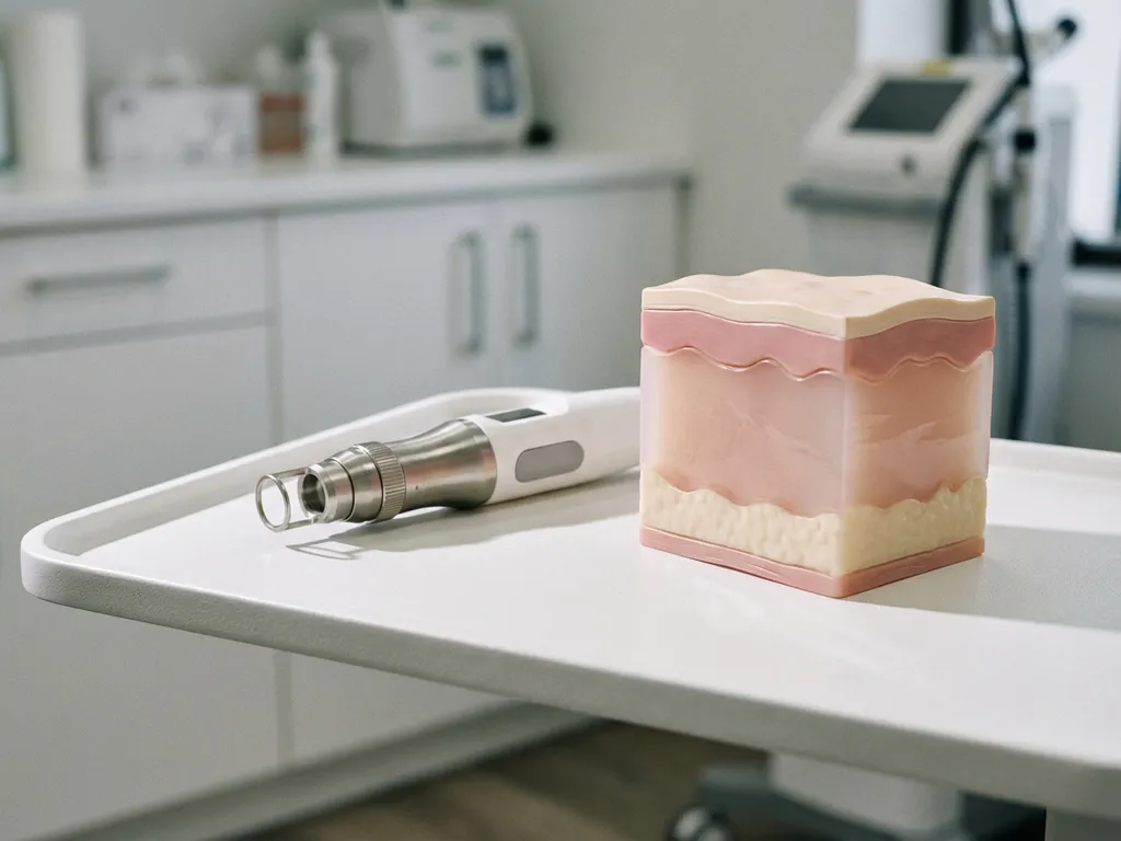 CO2-laserhandstuk op witte klinische tray naast een vergroot huidlagenmodel, in een strakke medische omgeving.