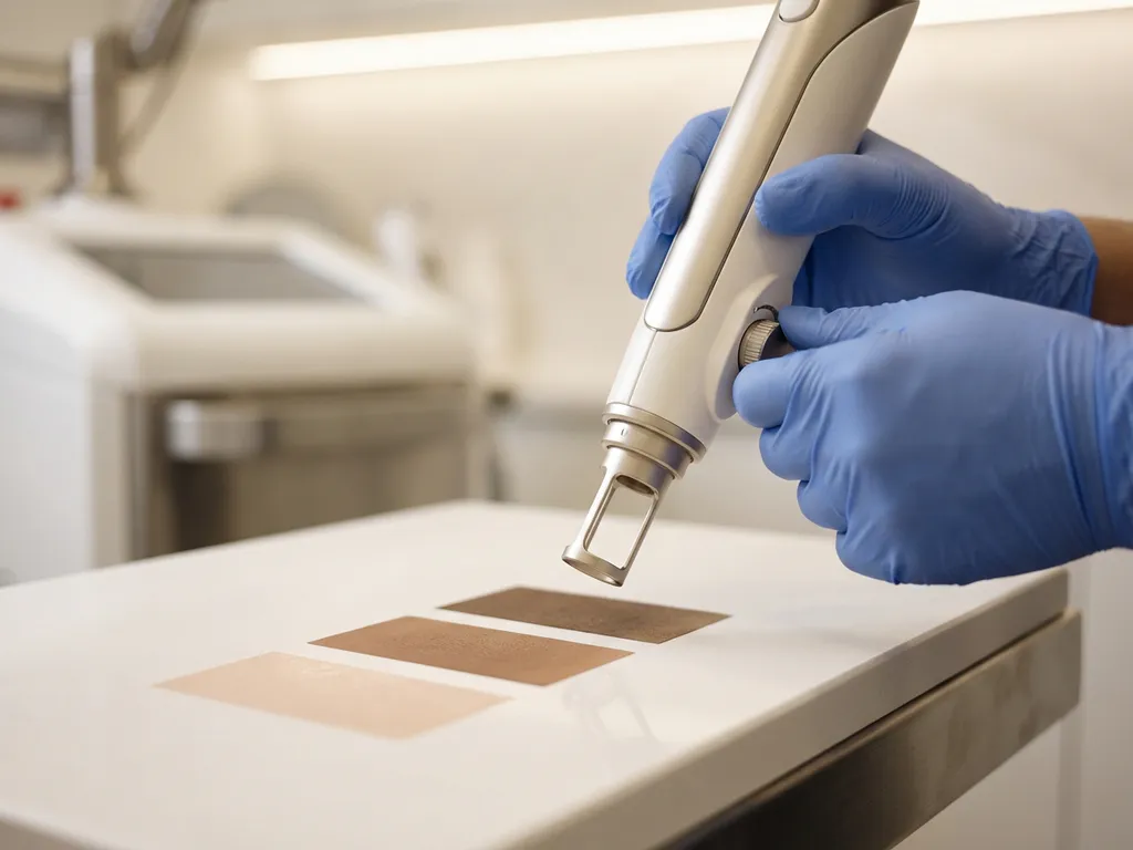 CO2-laserapparaat boven diverse huidtinten op klinisch behandeloppervlak, met gehandschoende hand die instellingen nauwkeurig afstelt.