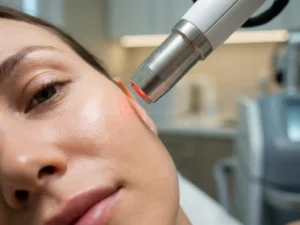CO2-laserapparaat boven een vrouwenwang met stralende, egale huid in een klinische omgeving.