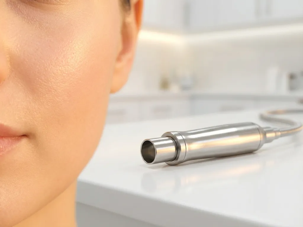 Vernieuwde gezichtshuid met zichtbare textuur naast een medische CO2-laserhandpiece op een witte klinische ondergrond.