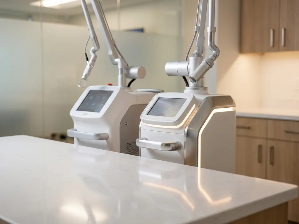 Twee CO2 laser medische apparaten op witte klinische ondergrond, chroom en mat wit afgewerkt onder studioverlichting.