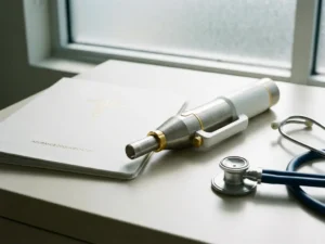CO2 laser handstuk naast een witte verzekeringsdocumentmap op een klinisch bureau, met een stethoscoop op de achtergrond.
