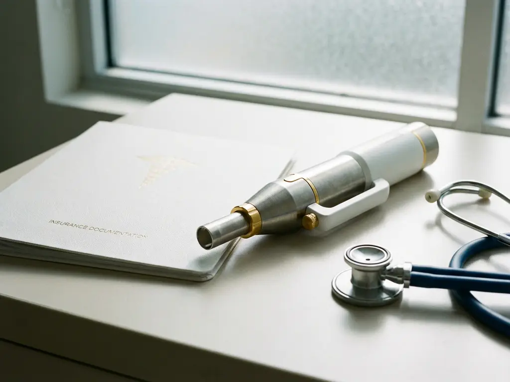 CO2 laser handstuk naast een witte verzekeringsdocumentmap op een klinisch bureau, met een stethoscoop op de achtergrond.