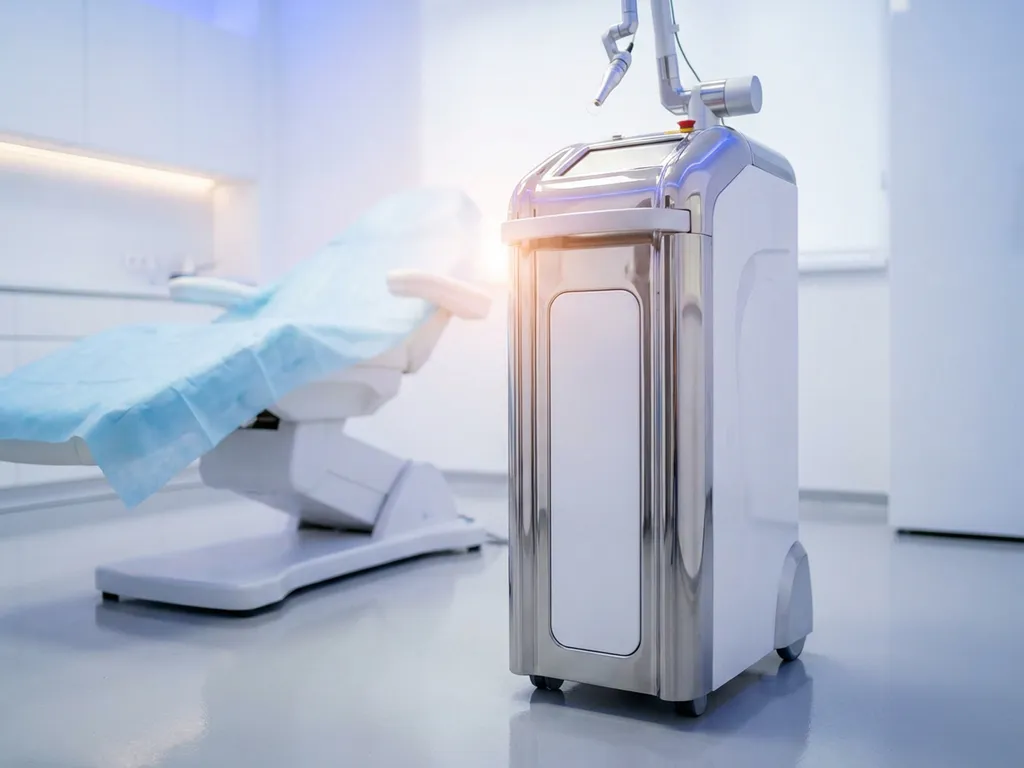 DEKA Helix CO2-laser in een witte klinische behandelkamer met chroom details en een behandelstoel op de achtergrond.