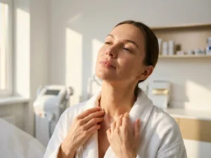 Vrouw met stralende huid raakt zachtjes haar sleutelbeen aan, elegante nek en décolleté zichtbaar in warme gouden belichting.