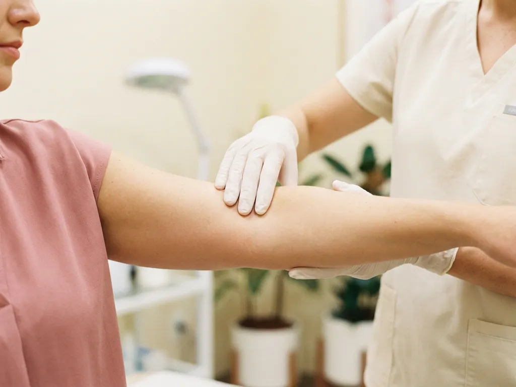 Clinicus met handschoen die de huidelasticiteit op een vrouwenonderarm beoordeelt tijdens medisch onderzoek.
