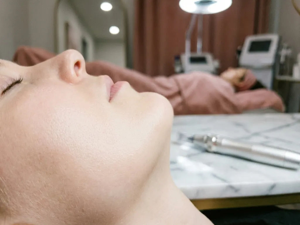 Gezonde huid met natuurlijke textuur naast een klinisch microneedling-apparaat op wit marmer, zachte studio-verlichting.