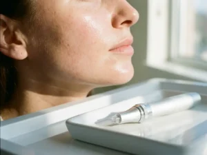 Stralende, gladde huid op de jukbeenderen van een vrouw naast een medisch microneedling apparaat op wit klinisch oppervlak.