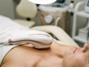 InMode handpiece op blote huid bij sleutelbeen tijdens huidbehandeling, klinische witte achtergrond met zachte belichting.