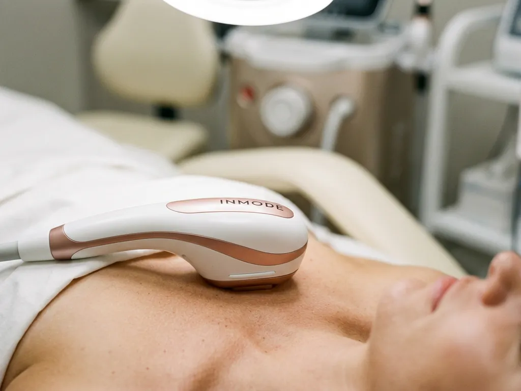InMode handpiece op blote huid bij sleutelbeen tijdens huidbehandeling, klinische witte achtergrond met zachte belichting.