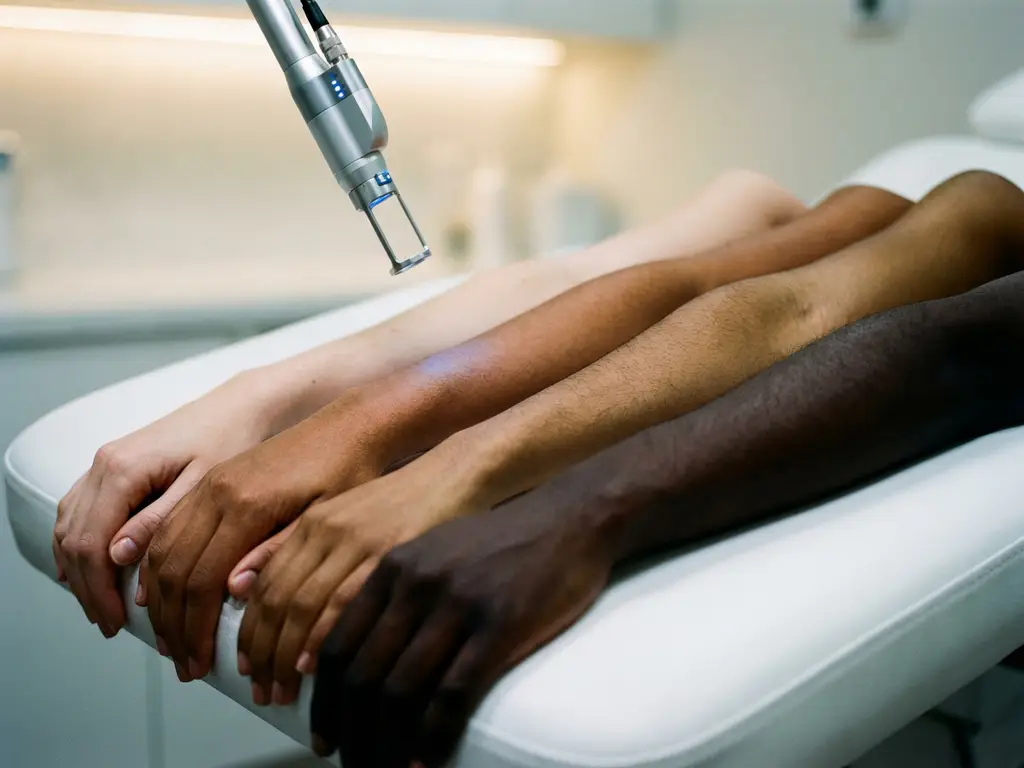 Vier onderarmen met verschillende huidtinten naast elkaar op een witte klinische ondergrond, met een medische laserhandpiece erboven.
