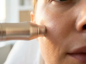 Microneedling apparaat op stralende, gladde huid in klinische omgeving, close-up met warme gouden belichting.