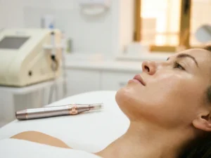 Stralende, gerejuveneerde huid op wang en kaaklijn naast een klinisch microneedling apparaat in een witte studio-omgeving.