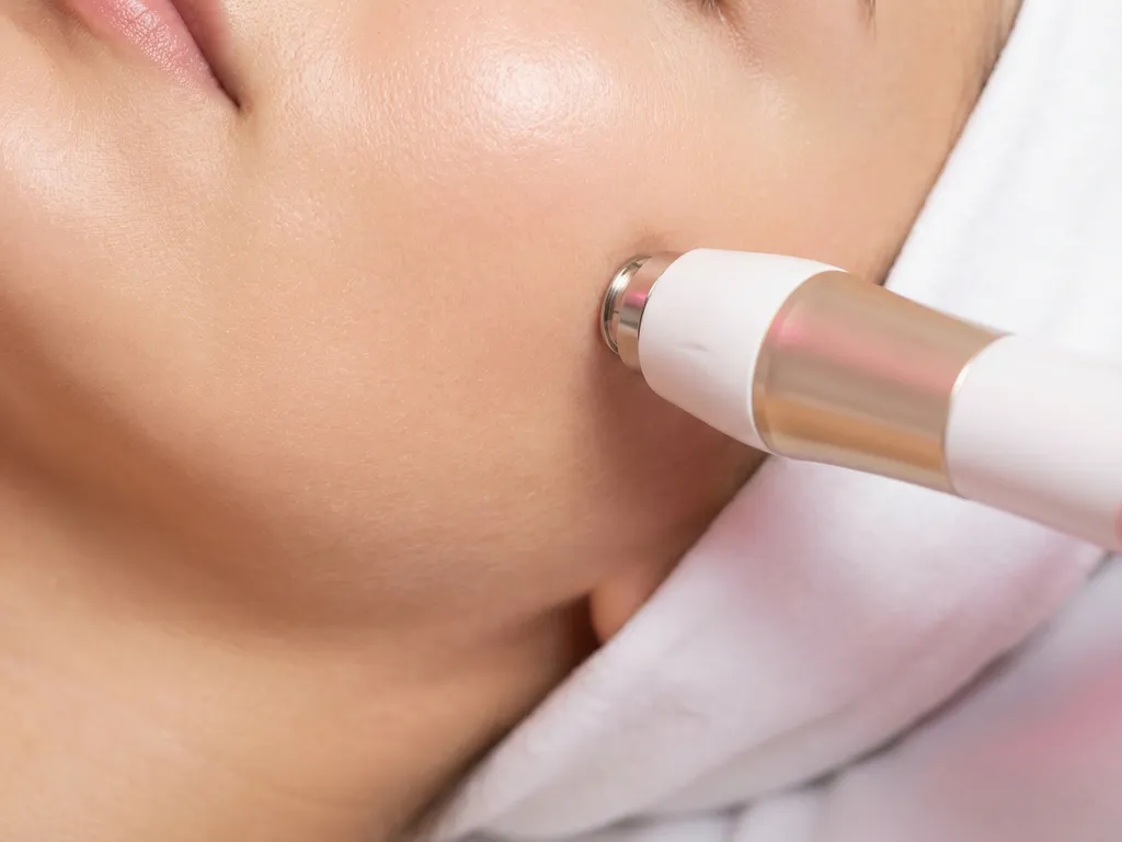 Gladde, stralende huid naast een medische radiofrequentie microneedling handpiece op een wit klinisch oppervlak.