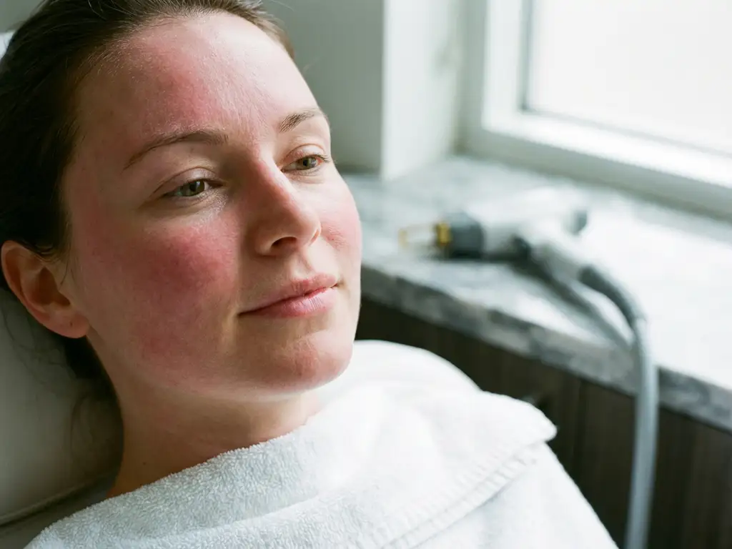 Vrouw met licht rode, gevoelige huid na laserbehandeling, professioneel laserinstrument op marmeren ondergrond op de achtergrond.