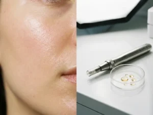 Stralende huid met zichtbare textuur naast een medisch microneedling-apparaat en serumdruppels op een wit klinisch oppervlak.