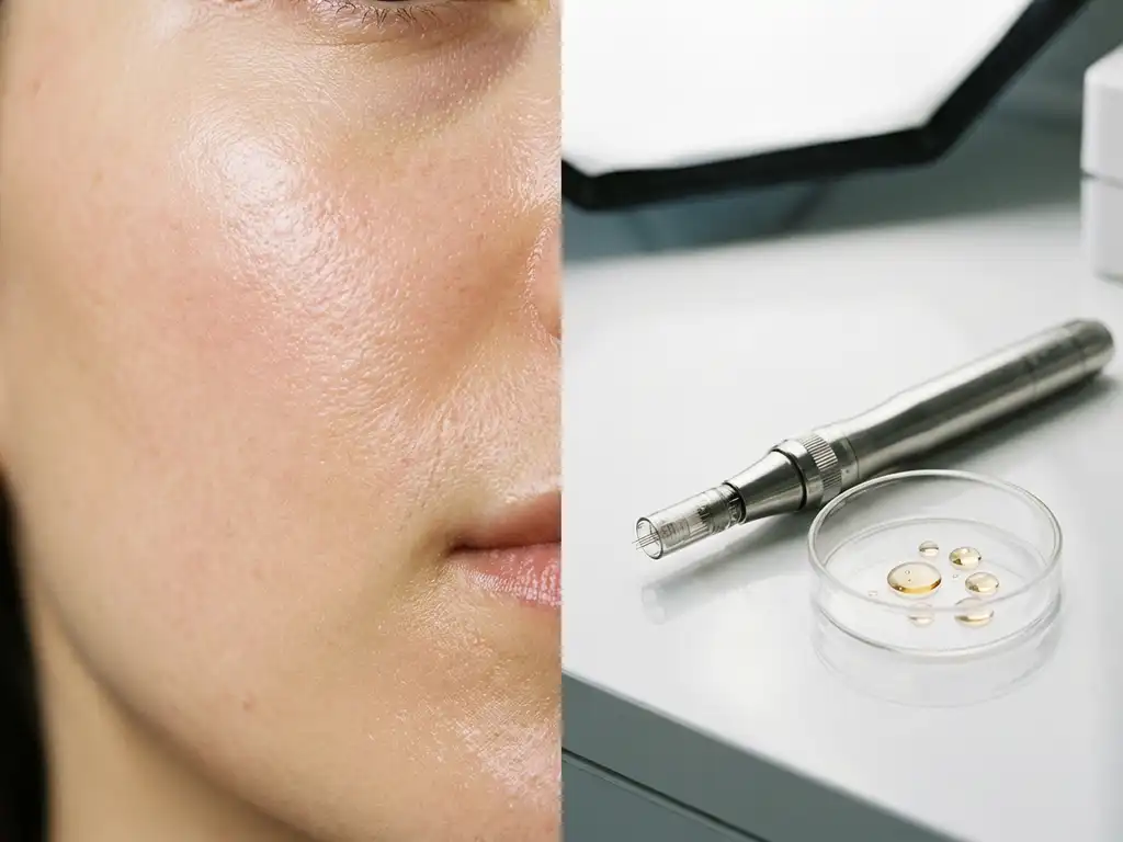 Stralende huid met zichtbare textuur naast een medisch microneedling-apparaat en serumdruppels op een wit klinisch oppervlak.