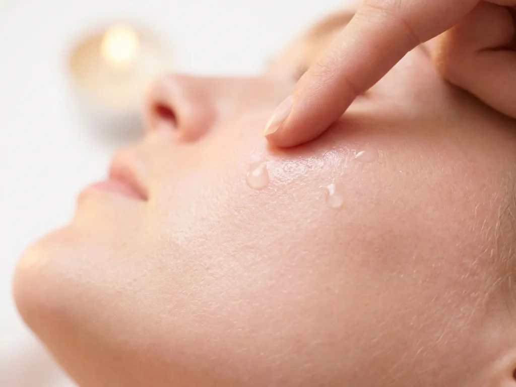 Vingertop die hydraterende serum aanbrengt op stralende huid, druppels zichtbaar op het huidoppervlak, witte achtergrond.