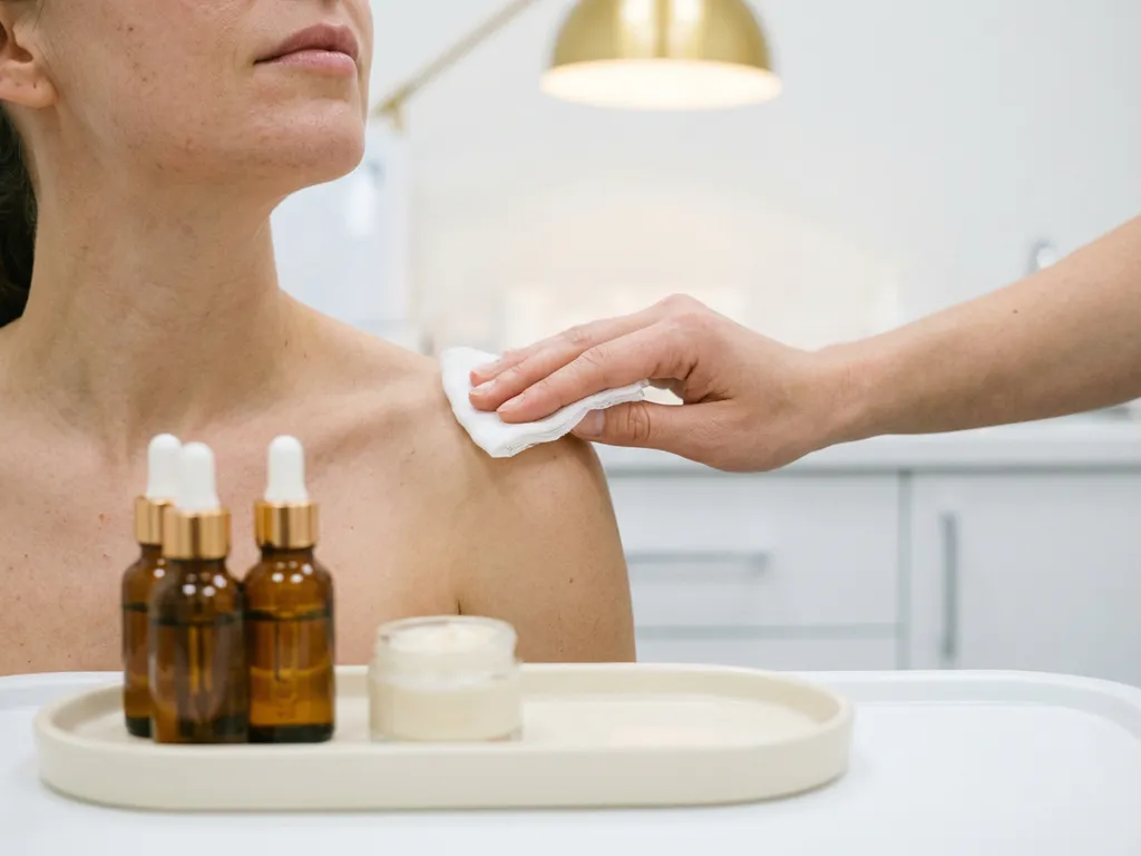 Vrouwenschouder en kaaklijin voorzichtig gereinigd met gaasje, amber serumflesjes op klinische keramische schaal, witte spa-omgeving.