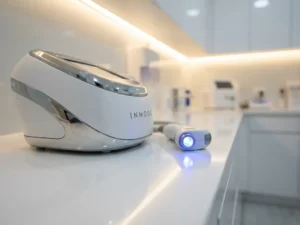InMode esthetisch apparaat naast een diode laser met blauw licht op wit klinisch oppervlak, chroom en mat witte afwerking.