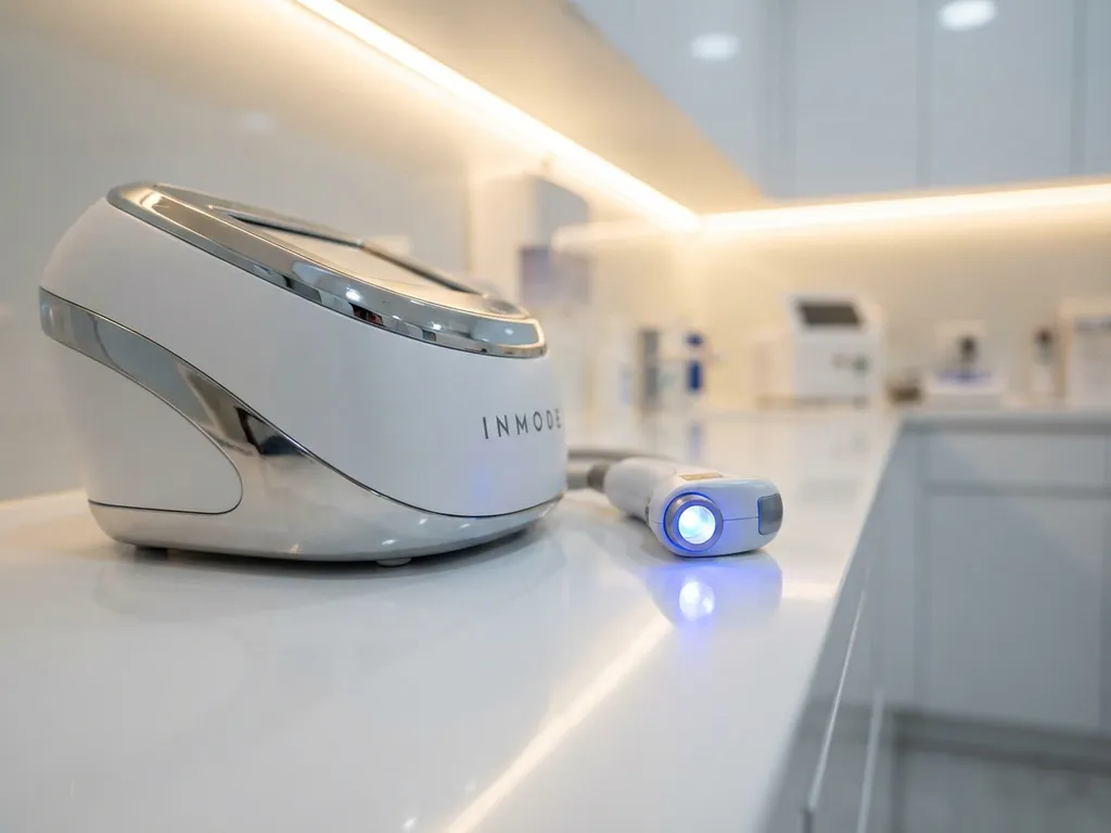 InMode esthetisch apparaat naast een diode laser met blauw licht op wit klinisch oppervlak, chroom en mat witte afwerking.