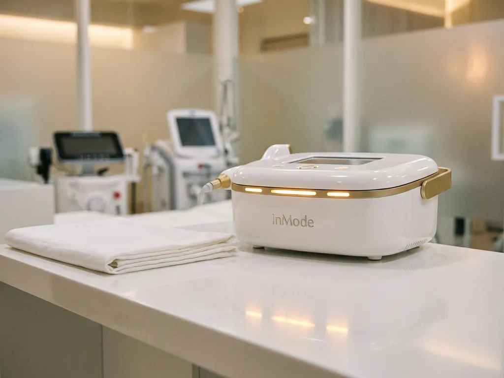 InMode esthetisch medisch apparaat op wit klinisch oppervlak met gloeiende amber indicatielampjes en gevouwen behandelingsdoek.