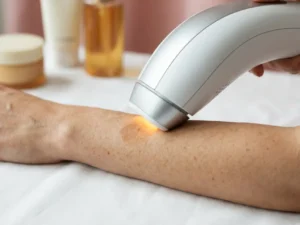 IPL-apparaat op onderarm met vervaagde pigmentvlekken, behandeld met lichtpuls op witte ondergrond.