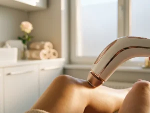 IPL-handstuk op stralende, egale huid in een behandelkamer, warm gouden licht benadrukt de huidtextuur en gloed.