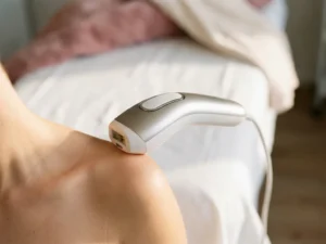 IPL-handstuk op gladde huid bij het sleutelbeen, verlicht door warm klinisch licht tijdens een huidbehandeling.