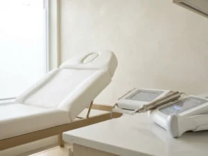 Esthetische behandelstoel met microneedling- en ultrasoundapparaat in strak klinisch interieur met wit en champagnegoud.