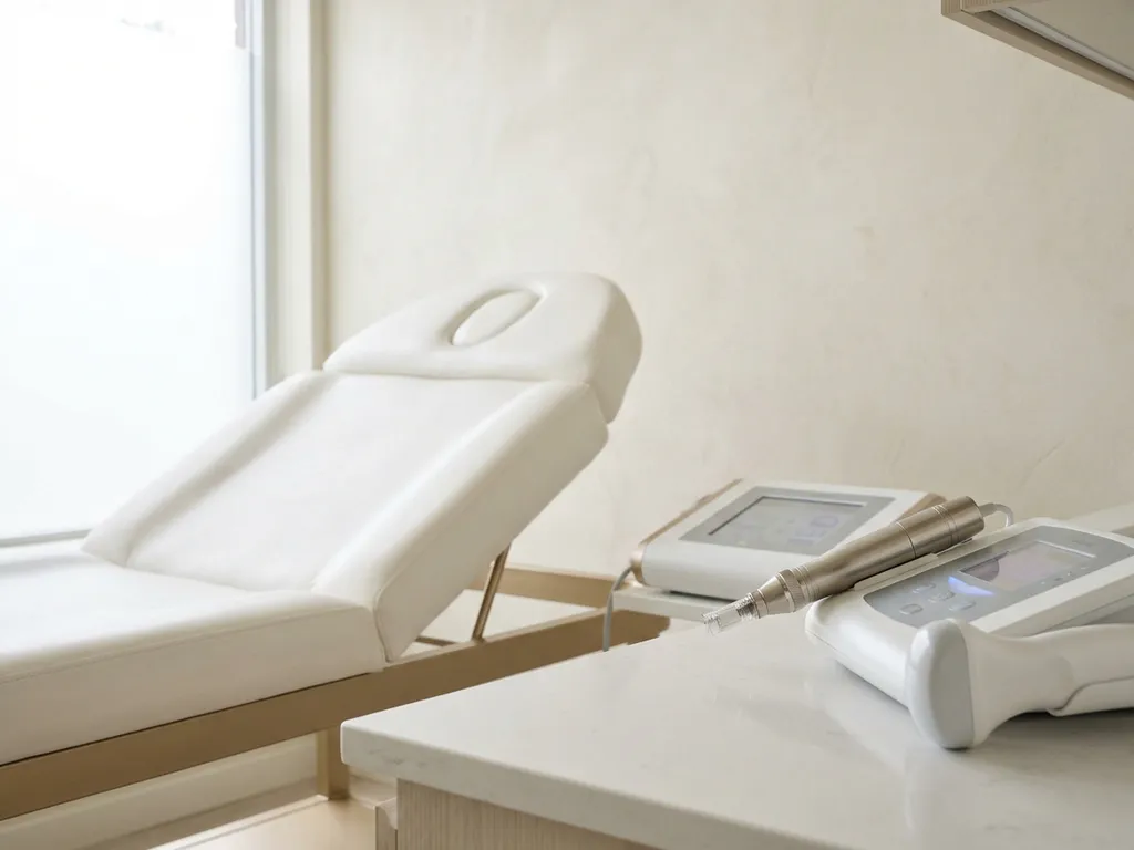 Esthetische behandelstoel met microneedling- en ultrasoundapparaat in strak klinisch interieur met wit en champagnegoud.