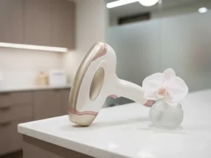 Medisch-esthetische laserhandstuk op wit klinisch oppervlak naast een witte orchidee, zachte verlichting en gouden reflecties.